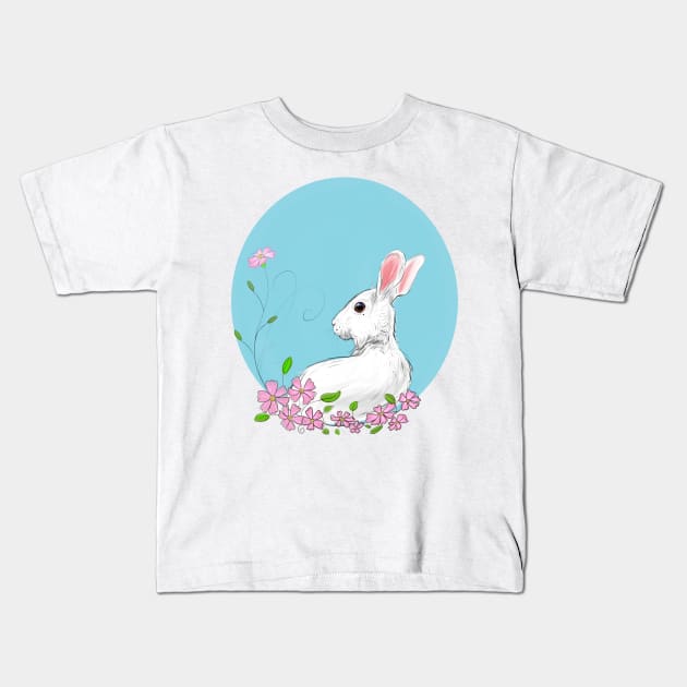 Charming Spring Rabbit and Pink Blossoms Kids T-Shirt by Ratna Arts